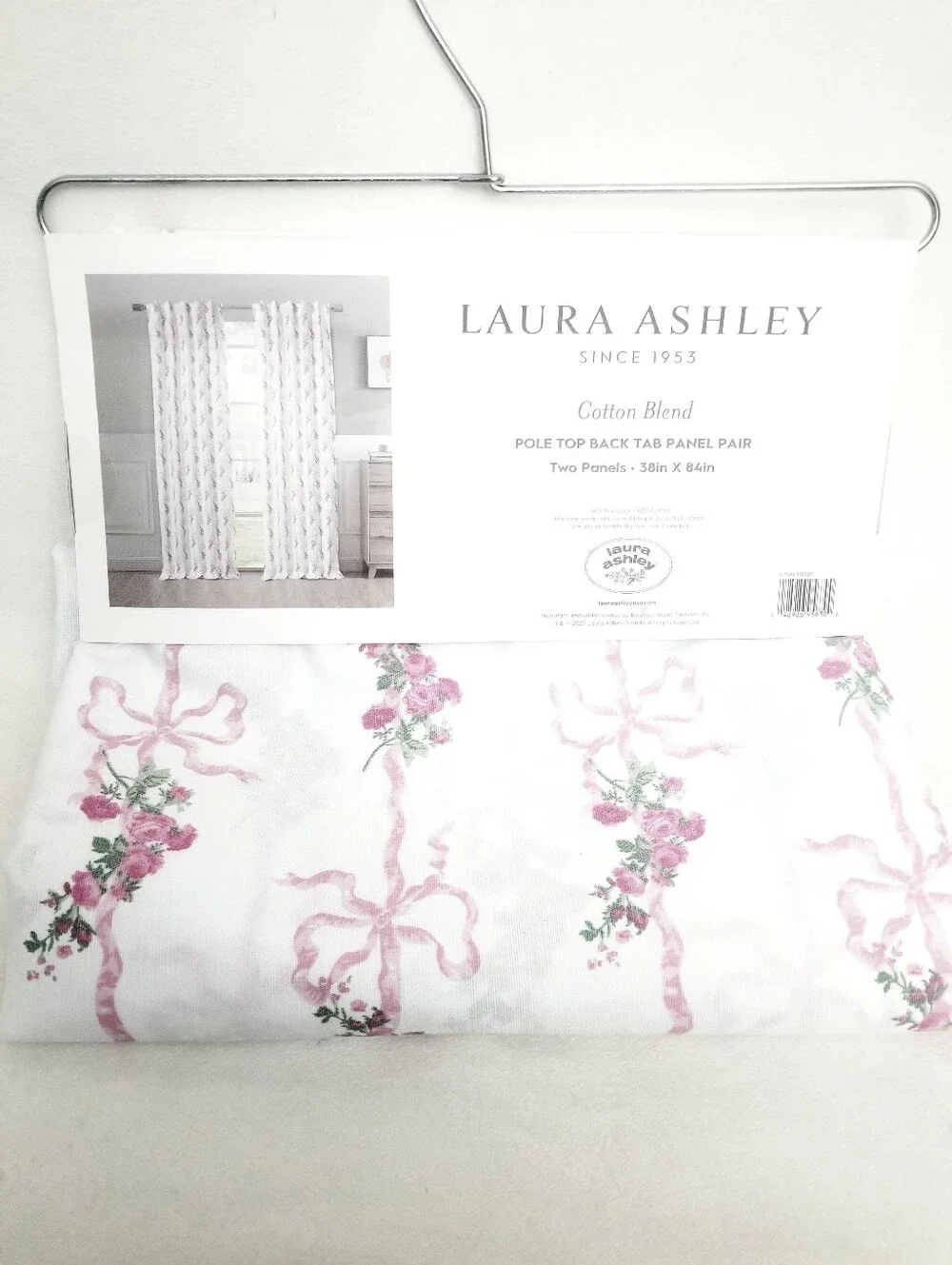 Laura Ashley White and Pink Floral Ribbon Pole Top Curtains Bow Curtain Set Of 2
